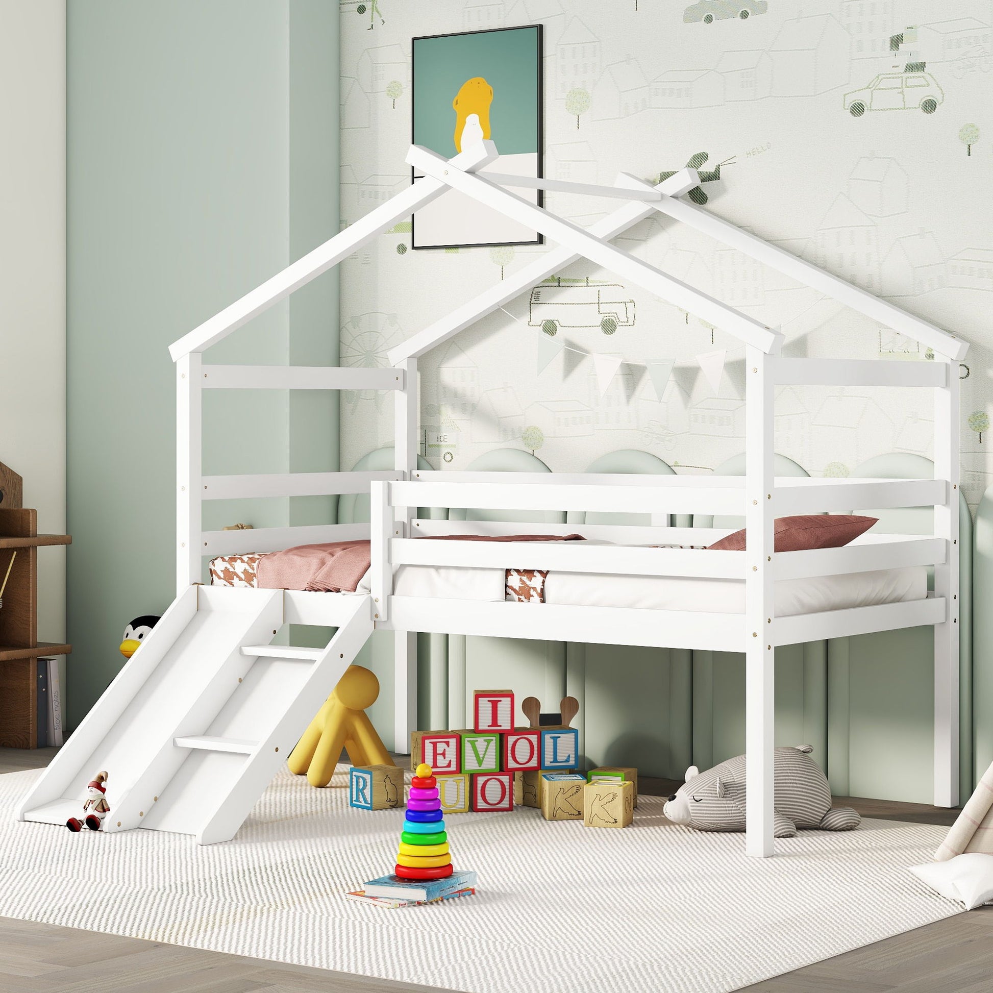 A children’s bedroom features the Low Loft House Bed With Slide, Ladder, Safety Guardrails, and House Roof Frame in white, surrounded by toys and books. Playful wallpaper and child’s artwork create a cozy and fun play area.