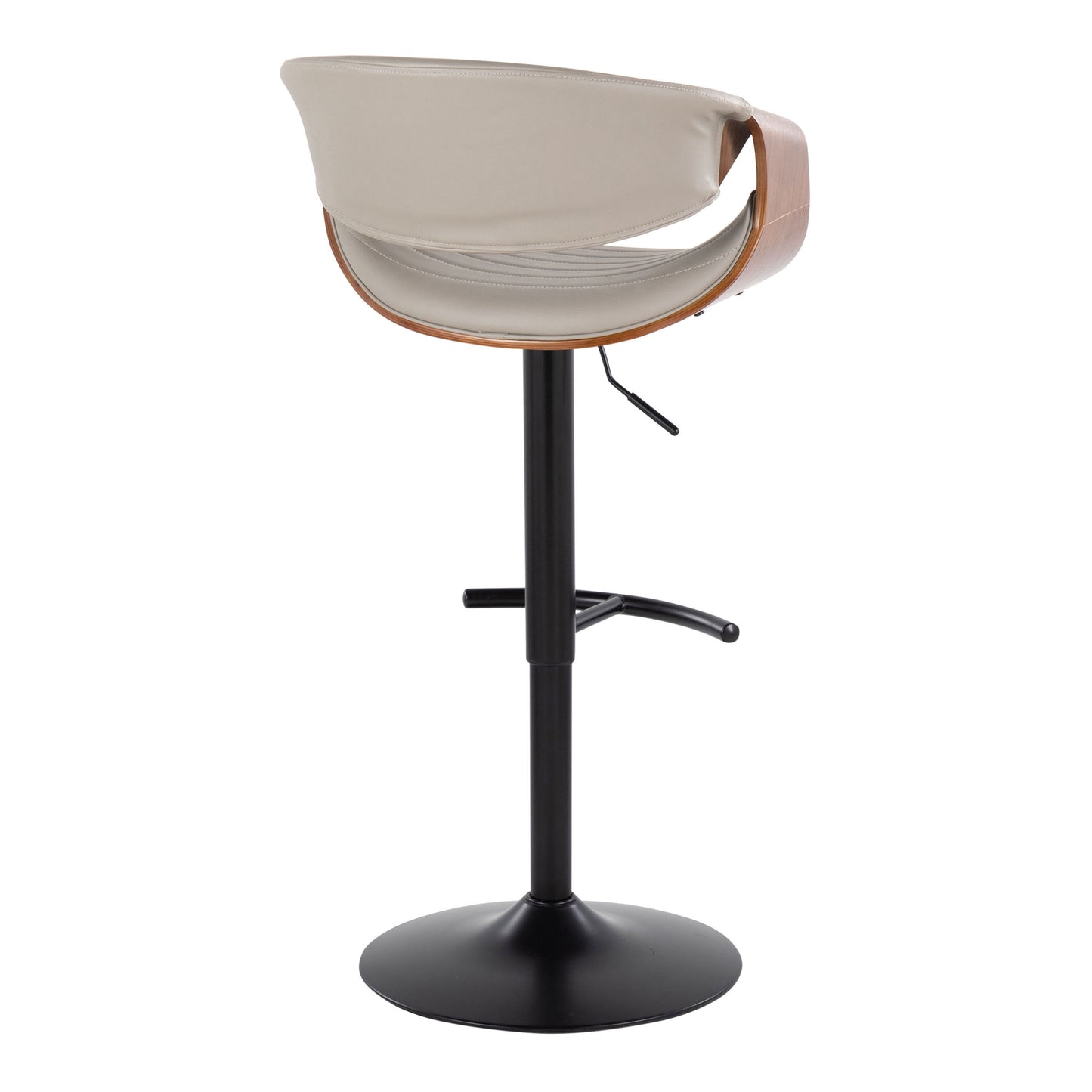The Symphony set includes two mid-century modern barstools with beige cushioned backrests and seats, black metal pedestal bases, wooden accents, rounded T footrests, swivel capabilities, and adjustable height levers.