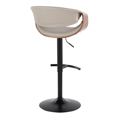 The Symphony set includes two mid-century modern barstools with beige cushioned backrests and seats, black metal pedestal bases, wooden accents, rounded T footrests, swivel capabilities, and adjustable height levers.