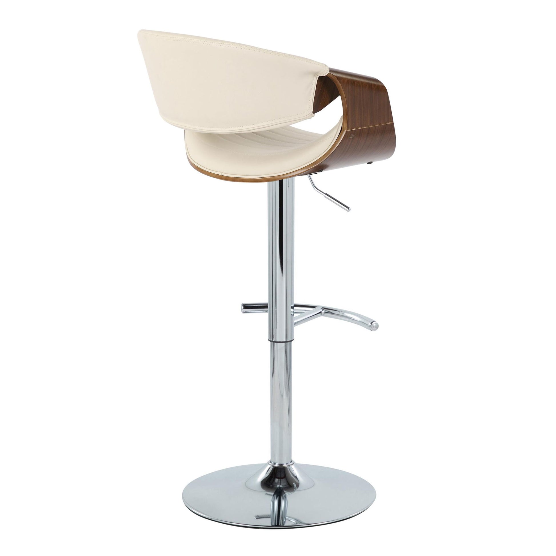 The Symphony Mid Century Modern Adjustable Barstool & Swivel (Set of 2) features a chrome base, rounded T footrest, adjustable height, curved wooden shell seat with a cream cushion, and an open backrest design.