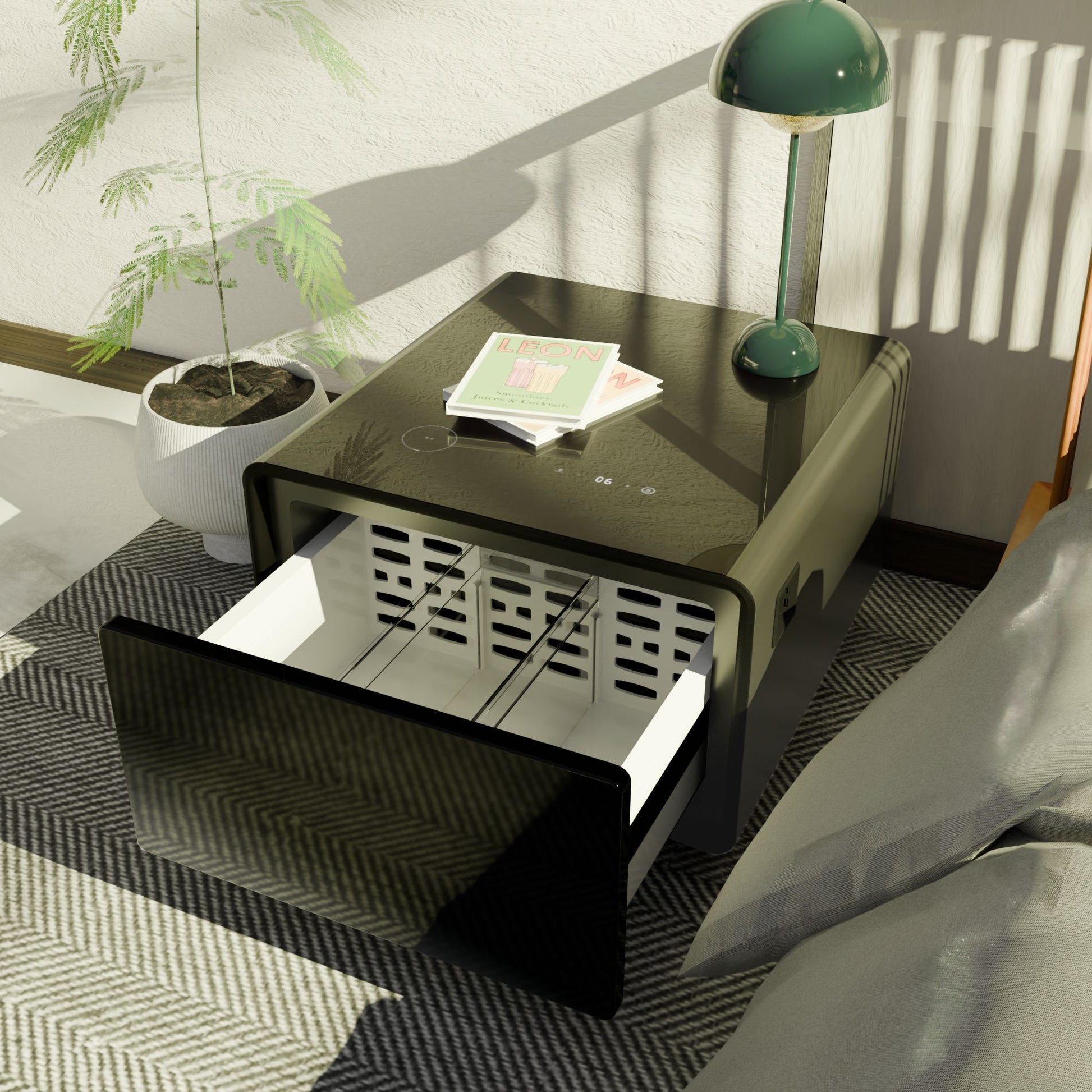 A Modern Smart Side Table with built-in fridge, wireless charging, temperature control, power socket, USB ports, outlet protection, and induction light sits beside a bed on a patterned rug. On top are a green lamp, plant, and magazine.