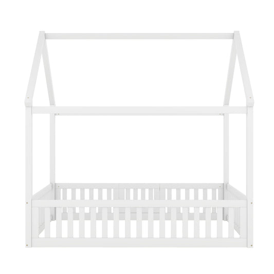Wood House Bed With Fence And Door