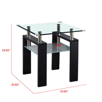 The Clear Glass Top Side Table features a modern design with black legs, a lower glass shelf, and metal accents. It measures 23.62"H x 23.62"W x 23.62"D with a 9.45" gap between shelves—perfect for any stylish home.