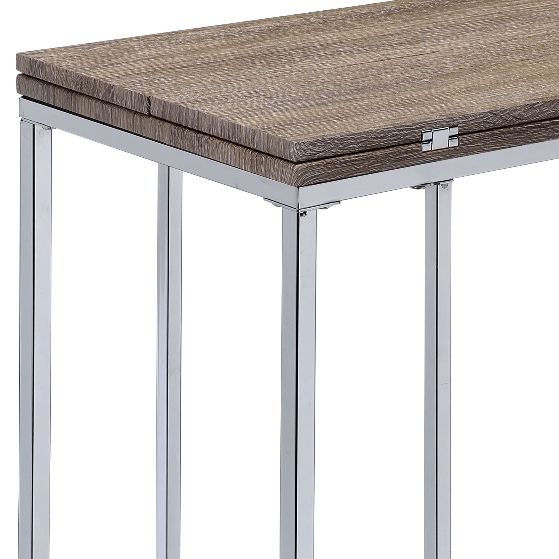 A close-up of the Danson - Weathered Accent Table in oak, showcasing its wooden top with a visible hinge detail at the corner and slim, silver metal legs.