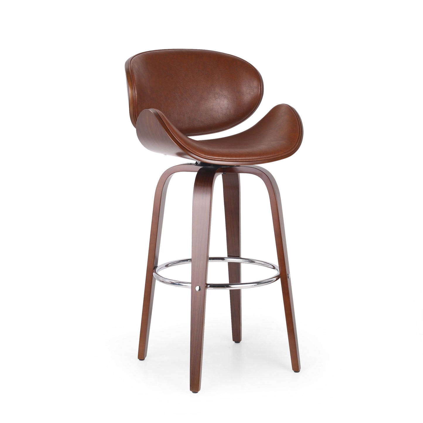 The Lumos - Mid Century Modern Upholstered Swivel Barstool features a brown leather seat and curved wooden backrest, four wooden legs, a circular metal footrest, and a sleek, minimalist mid-century design.