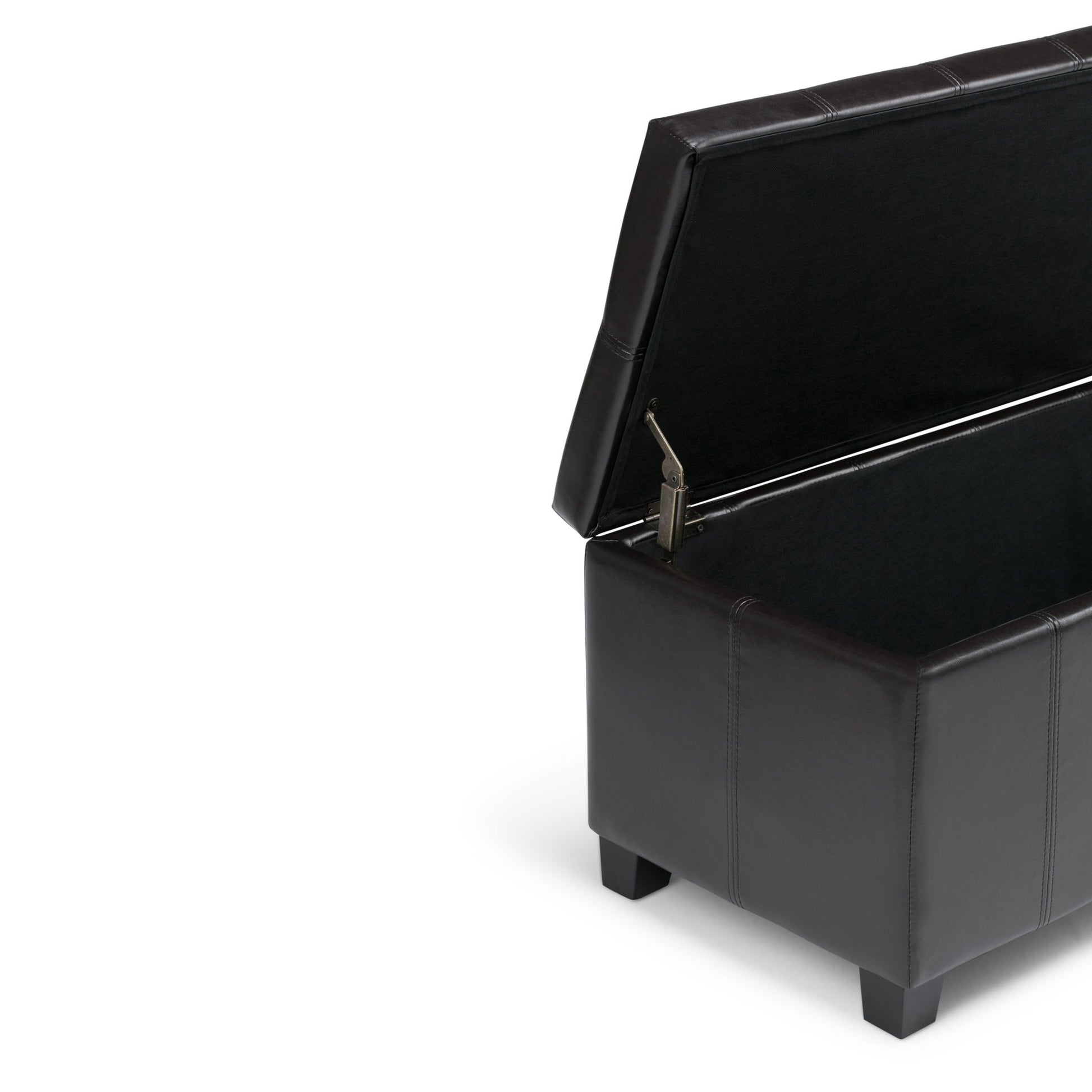 The Dover Upholstered Storage Ottoman Bench in black leather features a lift-up lid with a metal hinge, revealing an empty interior. It sits on short square legs and is displayed against a white background.