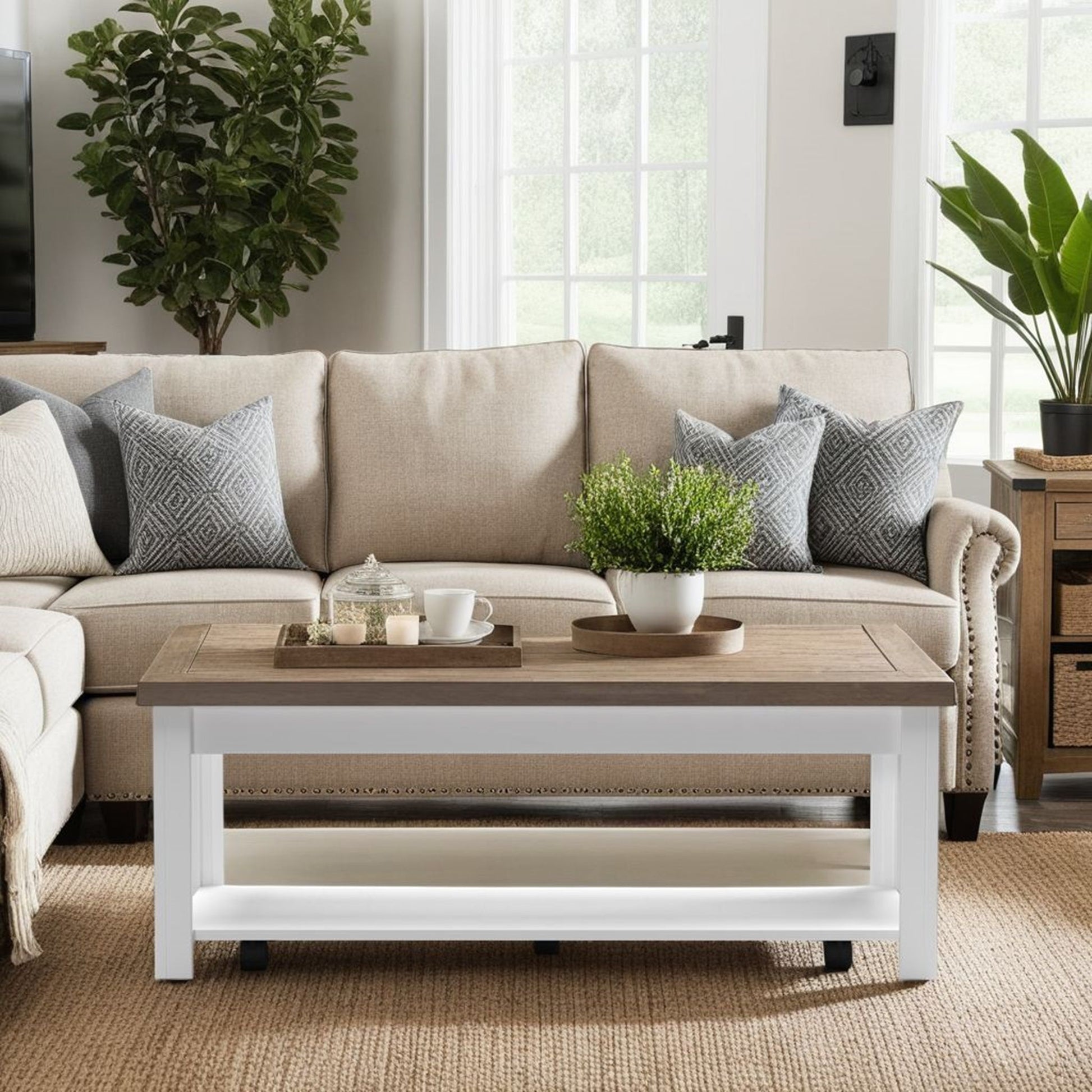 Neutral-toned living room with a beige sofa, gray patterned pillows, the Hampton Coffee Table in Jasmine Whitewash/Barnwood displayed with a plant, cup, and tray, a jute rug, and two large potted plants by a bright window with white trim.