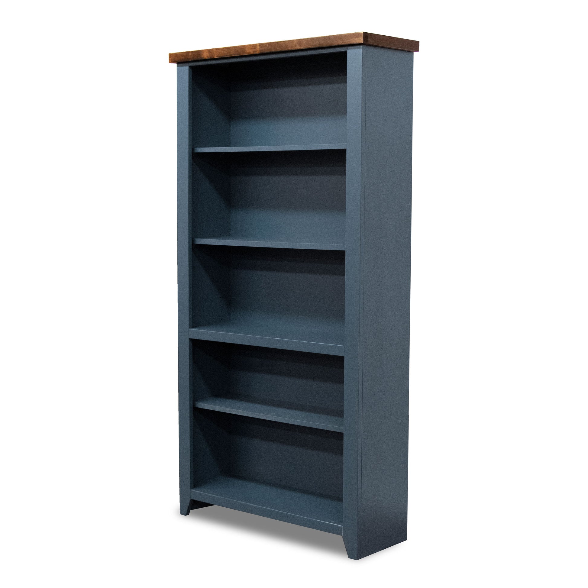 The Couch.com Nantucket 5 Shelf Bookcase features a blue denim finish with a contrasting whiskey wood top, five spacious shelves, and sturdy wood construction, shown against a white background.