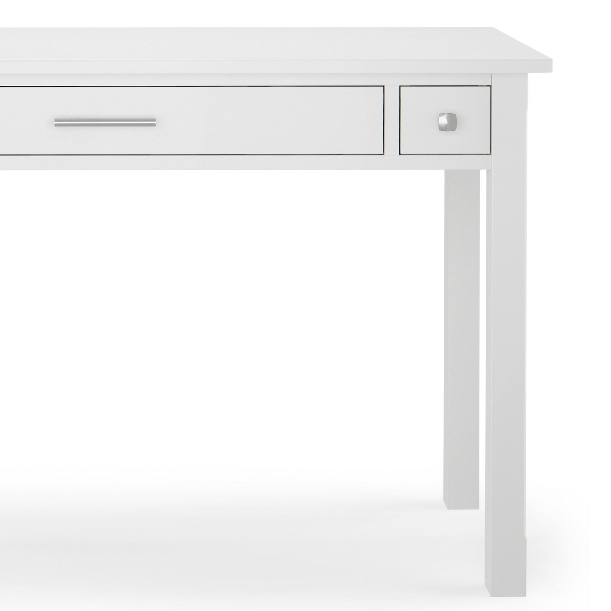 The Avalon Handcrafted Writing Office Desk is a modern white desk with a spacious center drawer and a small right-side drawer, both with simple metal handles, shown against a plain white background.