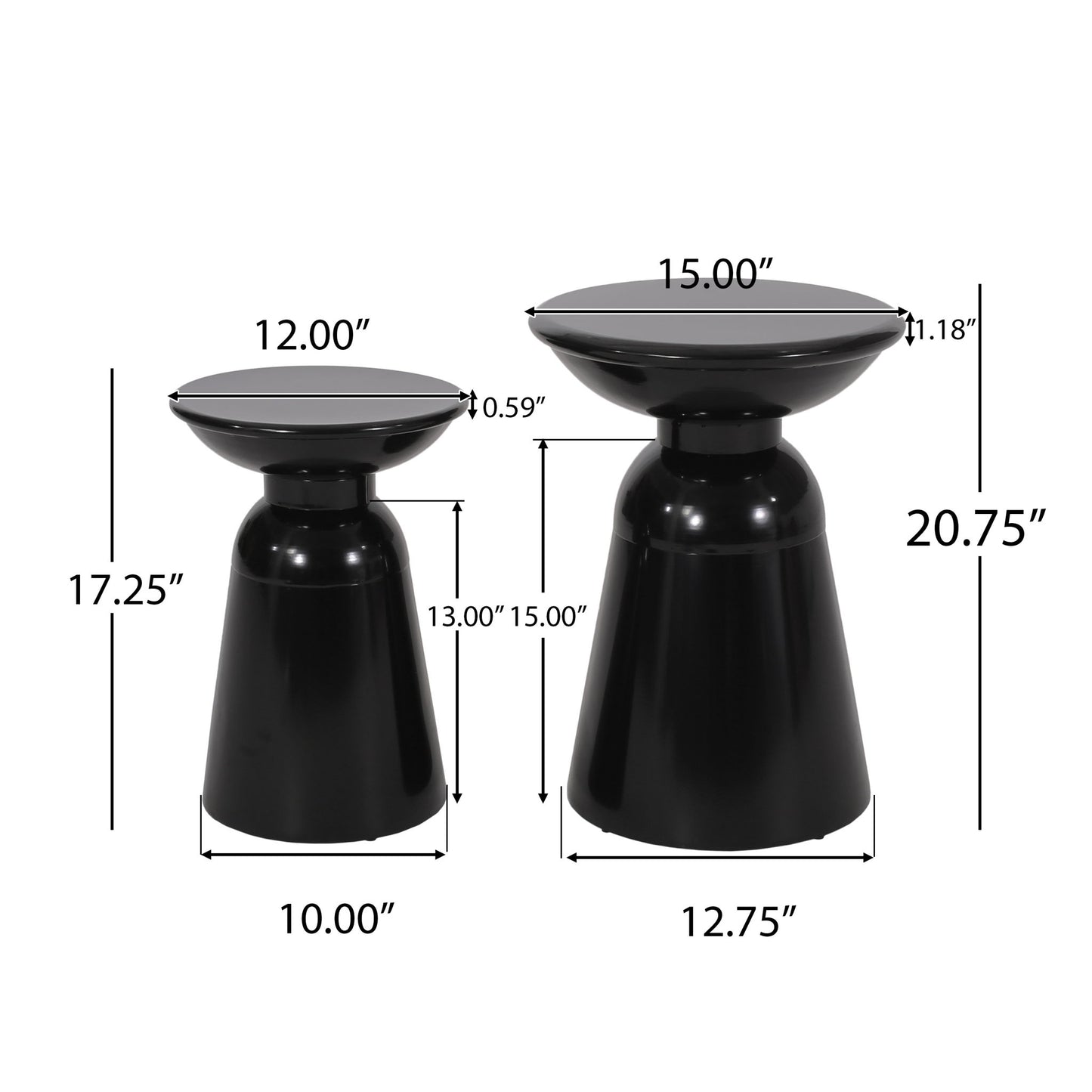 The Serenita Outdoor Side Tables With Flared Design (Set of 2) features two glossy black hourglass tables, 17.25" and 20.75" tall with tabletops measuring 12" and 15" wide, shown with labeled height and diameter measurements.