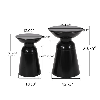 The Serenita Outdoor Side Tables With Flared Design (Set of 2) features two glossy black hourglass tables, 17.25" and 20.75" tall with tabletops measuring 12" and 15" wide, shown with labeled height and diameter measurements.