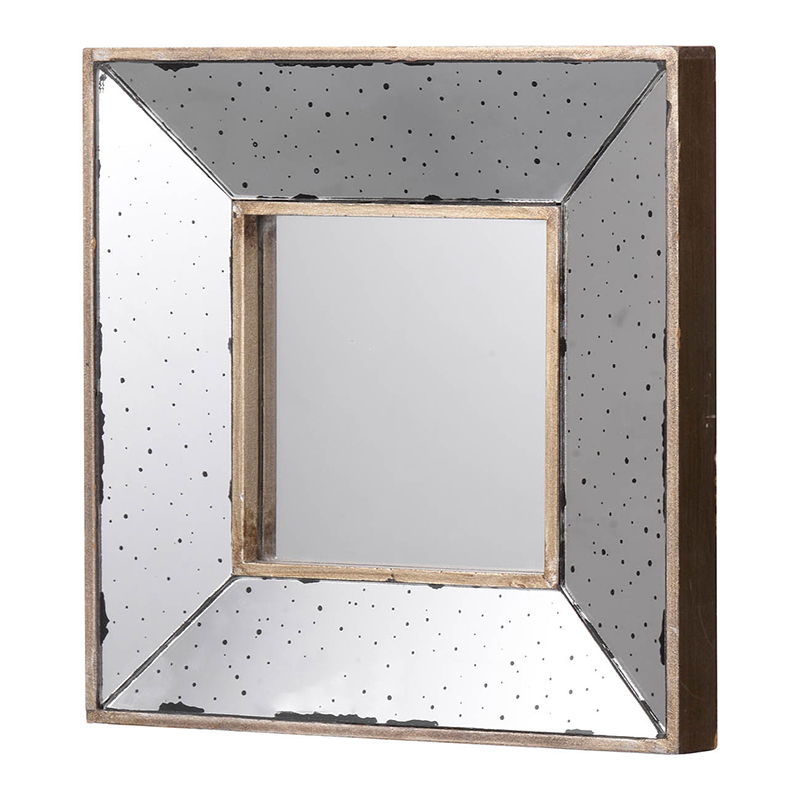 The Distressed Accent Mirror is a traditional-style wall mirror with a square wooden frame and beveled, antiqued mirrored border featuring dark speckles. The center panel is clear and flat, surrounded by decorative reflective trim.