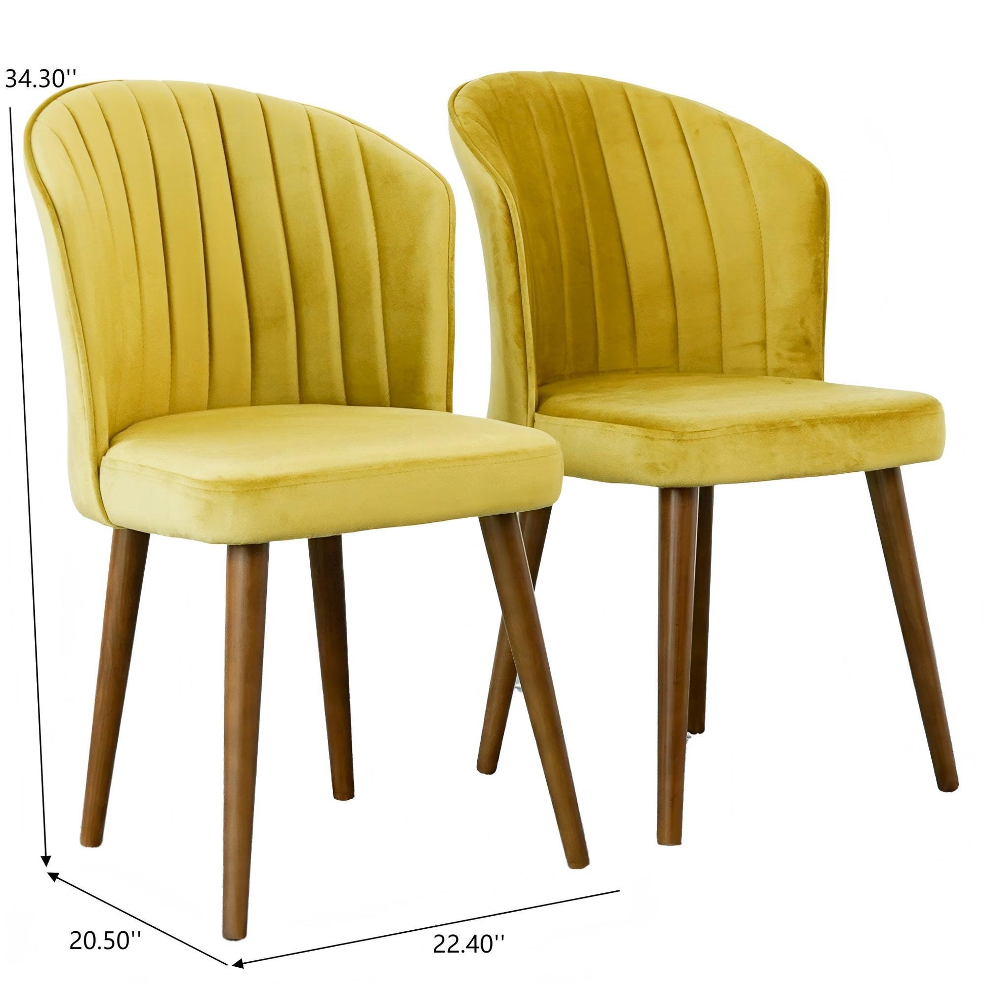 The Parsons - Comfortable Dining Chair (Set of 2) features yellow velvet upholstery, vertical stitched backrests, and angled wooden legs. Each chair measures 34.3"H x 22.4"W x 20.5"D.