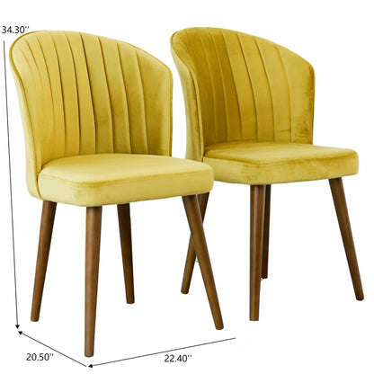 The Parsons - Comfortable Dining Chair (Set of 2) features yellow velvet upholstery, vertical stitched backrests, and angled wooden legs. Each chair measures 34.3"H x 22.4"W x 20.5"D.