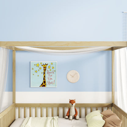 A cozy child's bedroom with light blue walls, a Canopy Frame Floor Bed With Fence and Guardrails, a stuffed fox toy, a round wall clock, and "Reach for the Stars!" giraffe artwork decorated with yellow stars.