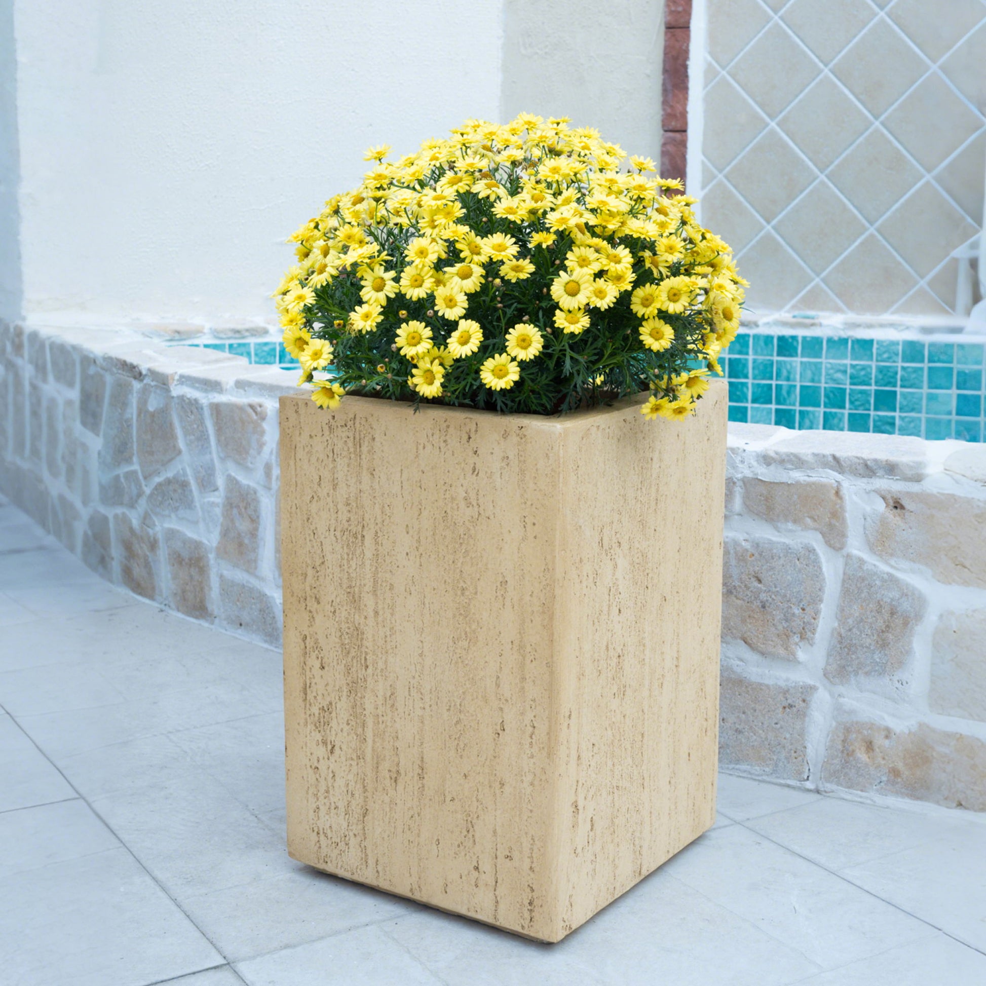 The Modern Outdoor Planter, a square beige stone design filled with yellow daisies, sits on a tiled patio near a stone wall and blue-tiled pool.