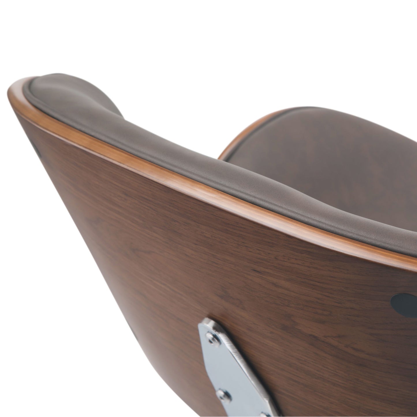 Close-up of the upper back and armrest of the Marana Multifunctional Handcrafted Bentwood Adjustable Swivel Bar Stool, featuring a brown wood veneer exterior, dark padded leather upholstery, and a side metal bracket detail.