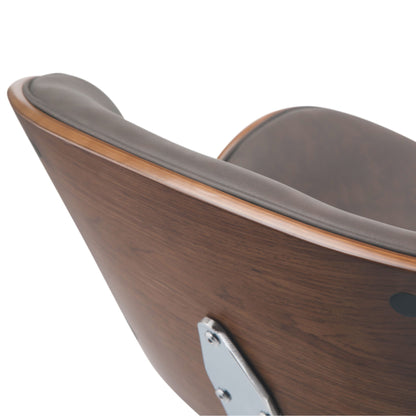 Close-up of the upper back and armrest of the Marana Multifunctional Handcrafted Bentwood Adjustable Swivel Bar Stool, featuring a brown wood veneer exterior, dark padded leather upholstery, and a side metal bracket detail.