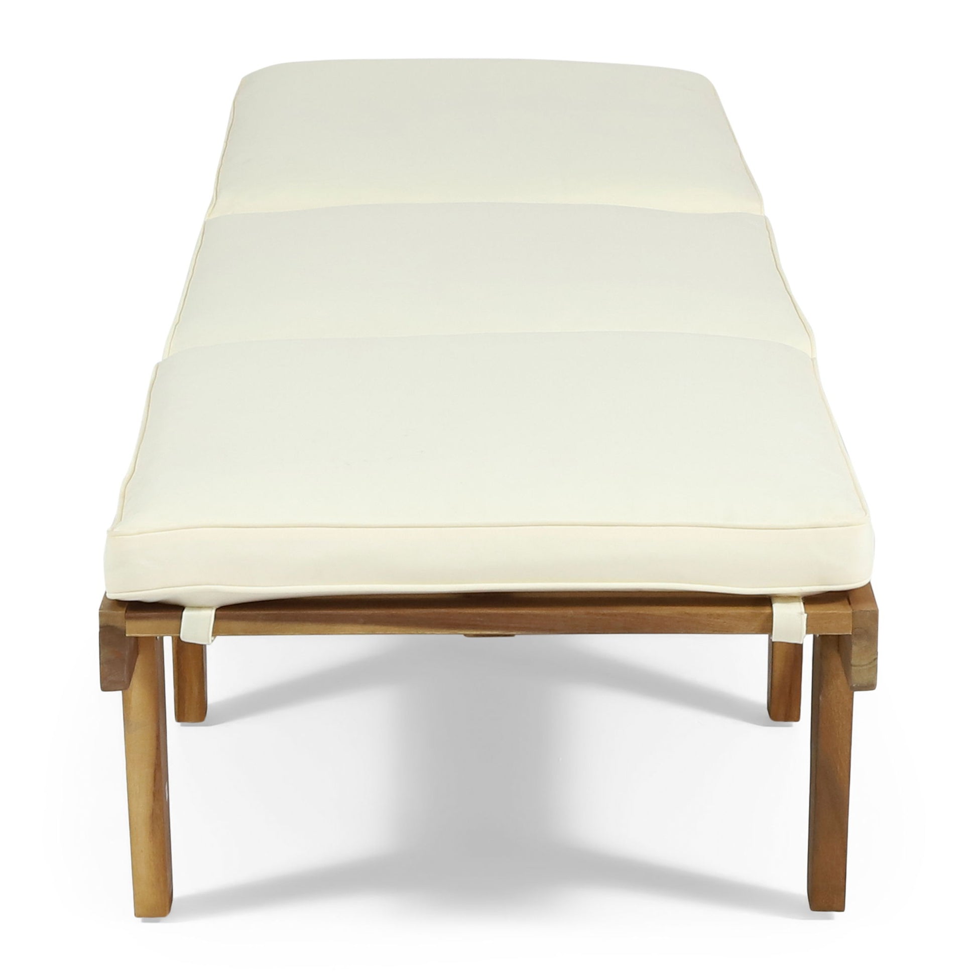 The Ariana - Wood Chaise Lounge With Cushion features a modern wooden frame, straight legs, and a thick cream-colored cushion secured by white straps at the front corners, shown from the front.
