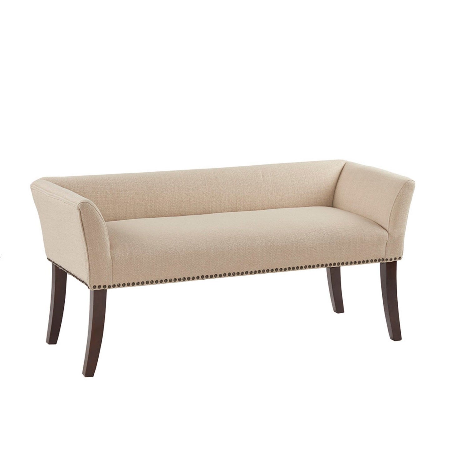 The Elegant Design Bench features beige upholstery, a solid wood frame, curved armrests, decorative nailhead trim, and four dark wooden legs, shown against a white background.