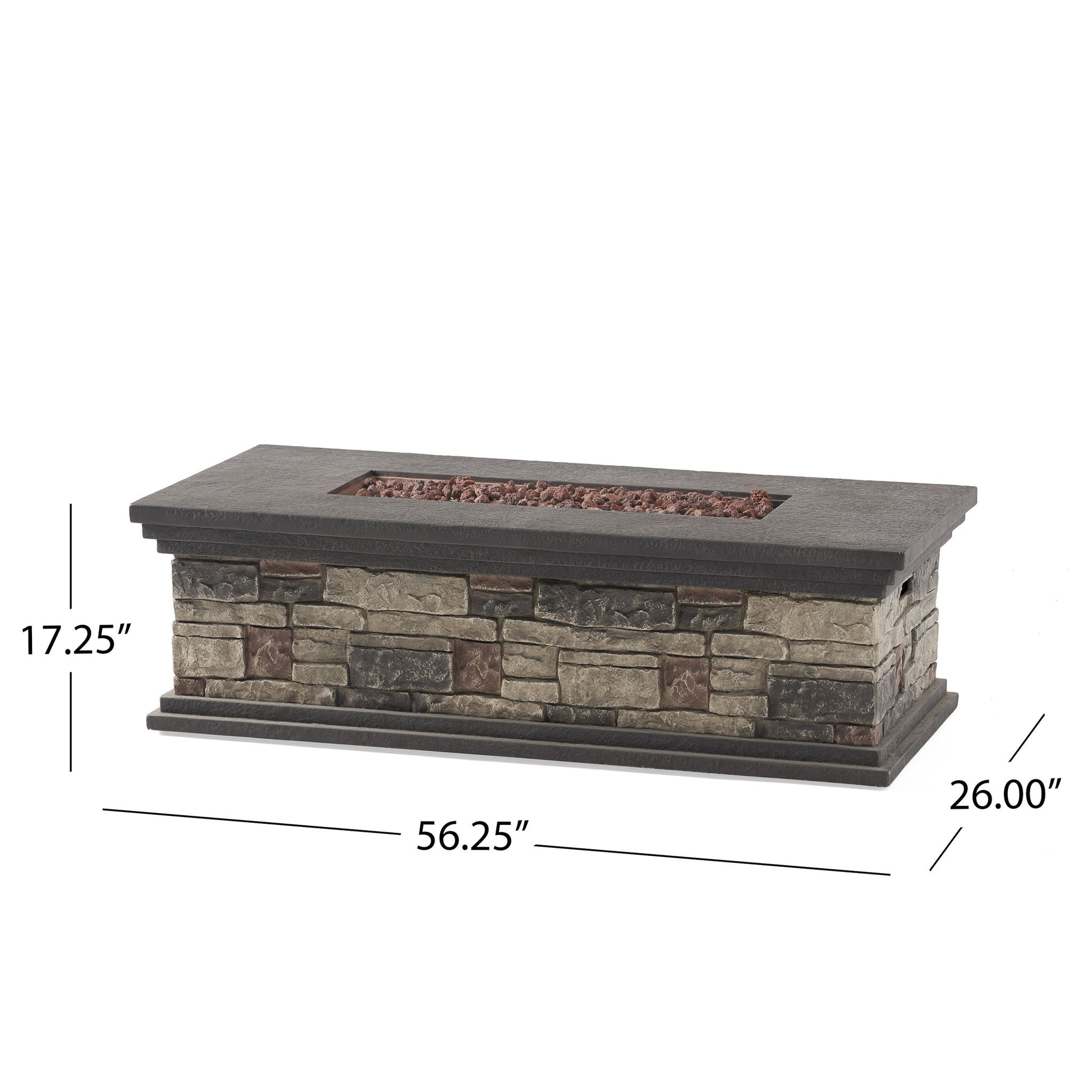 The Fire Pit With Lightweight Concrete And Steel Frame features a faux stacked stone exterior, dark flat top, lava rocks, and measures 56.25" L x 26" W x 17.25" H—perfect for outdoor gatherings.