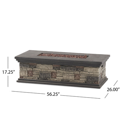 The Fire Pit With Lightweight Concrete And Steel Frame features a faux stacked stone exterior, dark flat top, lava rocks, and measures 56.25" L x 26" W x 17.25" H—perfect for outdoor gatherings.