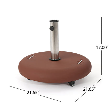 The Wheelie Round Umbrella Base features a brown finish, central stainless steel pole holder, black knob, two handles, and four wheels. Dimensions: 21.65" wide x 17" tall.