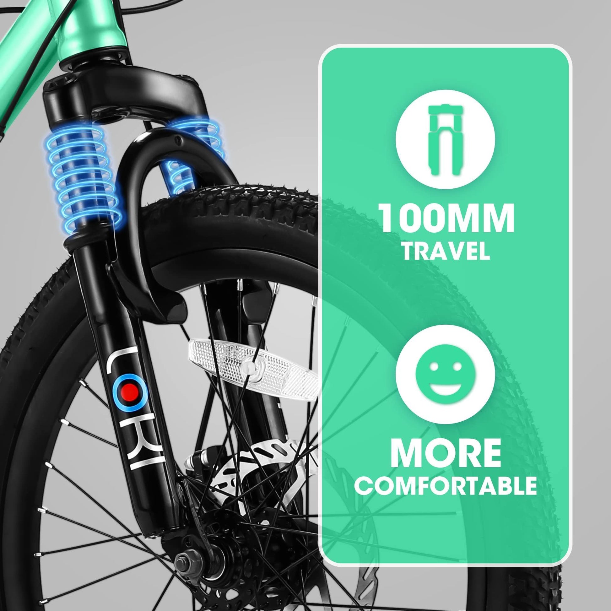 Close-up of a suspension fork on the S20101 20" Kids' Bike, highlighting blue springs. Overlay shows "100MM TRAVEL" with a fork icon and "MORE COMFORTABLE" with a smiley face on green. Ideal for boys and girls ages 8-12.