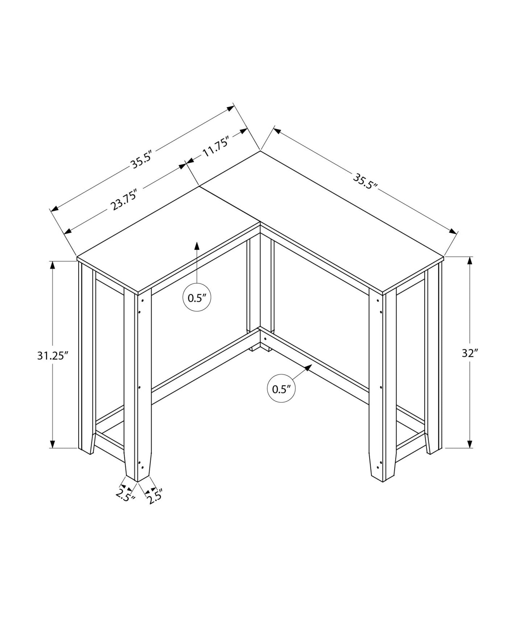 Line drawing of the Corner Accent Console Table for Entryway: L-shaped with two 35.5" sides, depths of 23.75" and 11.75", heights of 31.25" and 32", leg thickness 0.5", and outward-angled desk legs; contemporary & modern design.