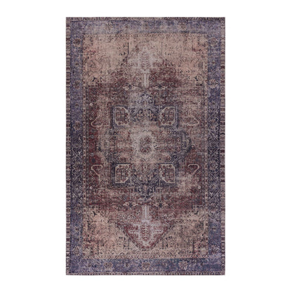 The Maval - Unique Washable Area Rug features a rectangular shape with a faded vintage-style pattern in blue, beige, and burgundy, highlighted by a central medallion and an ornate border.
