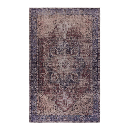 The Maval - Unique Washable Area Rug features a rectangular shape with a faded vintage-style pattern in blue, beige, and burgundy, highlighted by a central medallion and an ornate border.