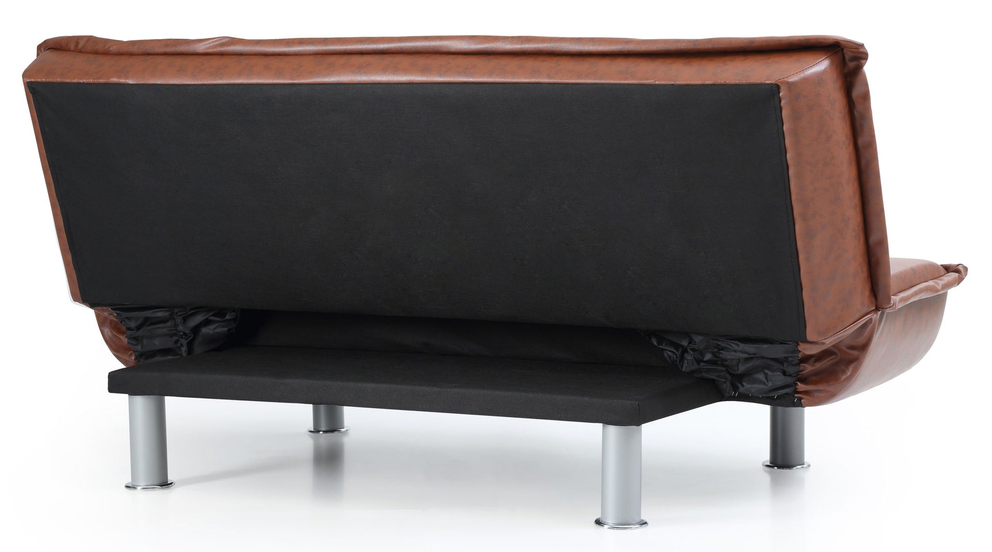 The Lionel Sofa Bed is shown from the back with brown and black leather-like upholstery, metal legs, and a raised black platform underneath, all set against a white background.