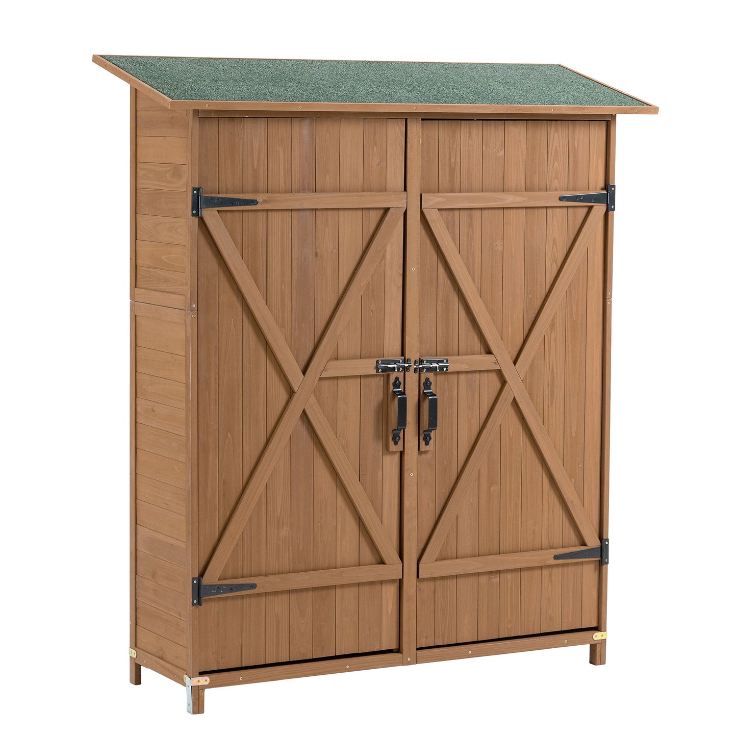 A wooden outdoor storage shed with a pitch roof, lockable double doors featuring an X-shaped design, black metal hinges, and detachable shelves.