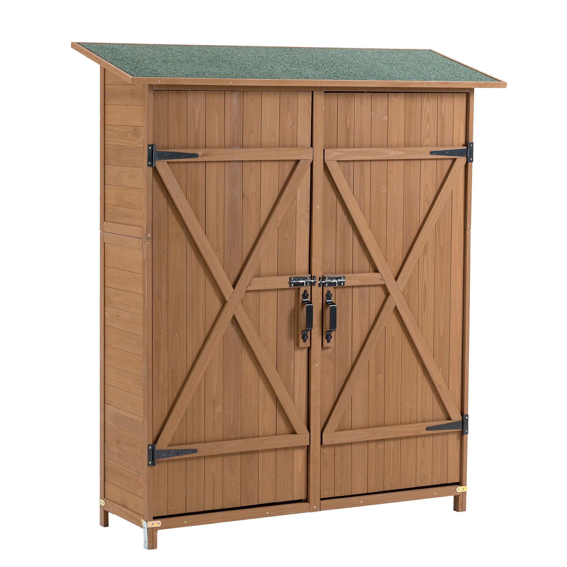 A wooden outdoor storage shed with a pitch roof, lockable double doors featuring an X-shaped design, black metal hinges, and detachable shelves.