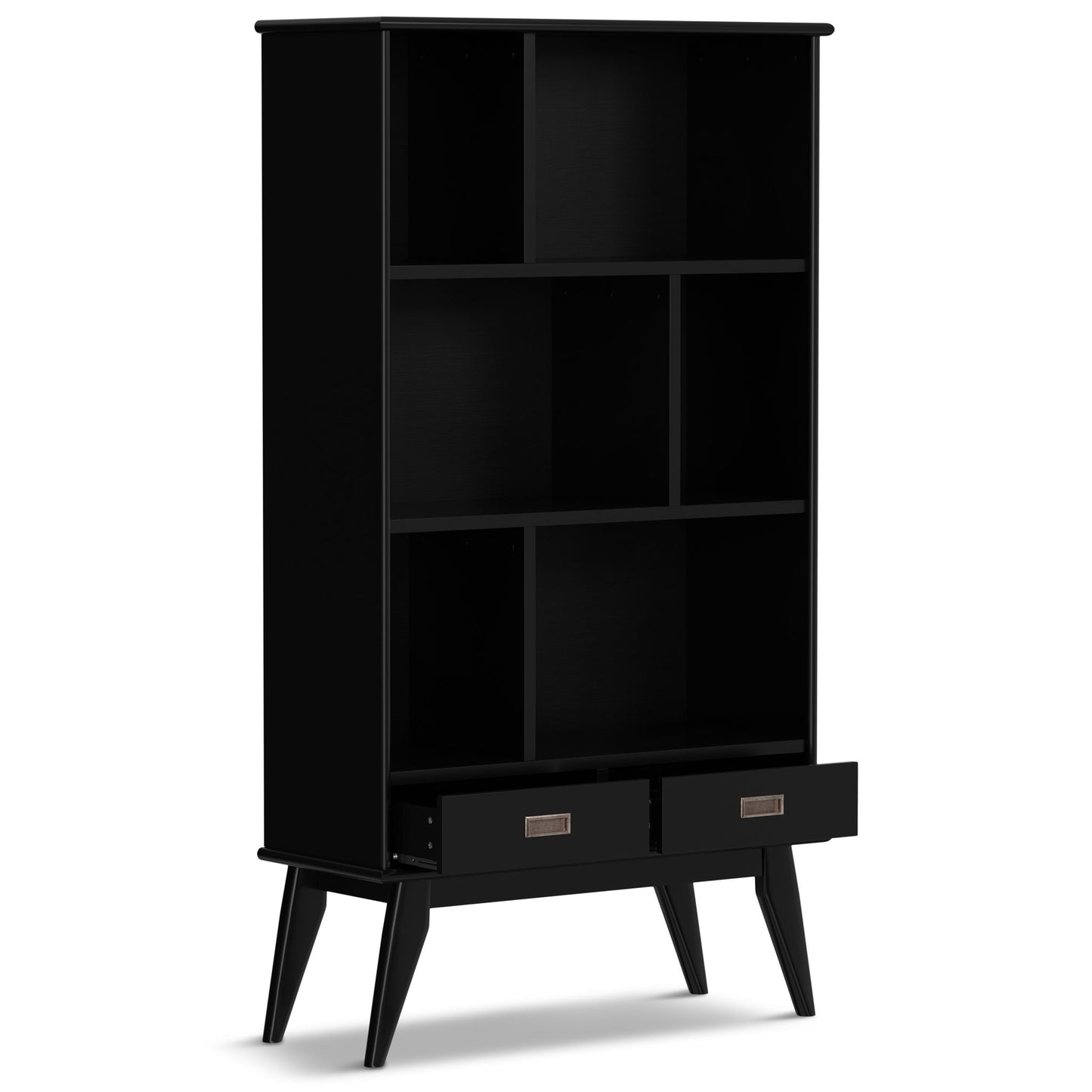 The Draper - Mid Century Wide Bookcase And Storage Unit is a modern black bookshelf with six open shelves, two pull-out drawers at the bottom, and four angled legs.