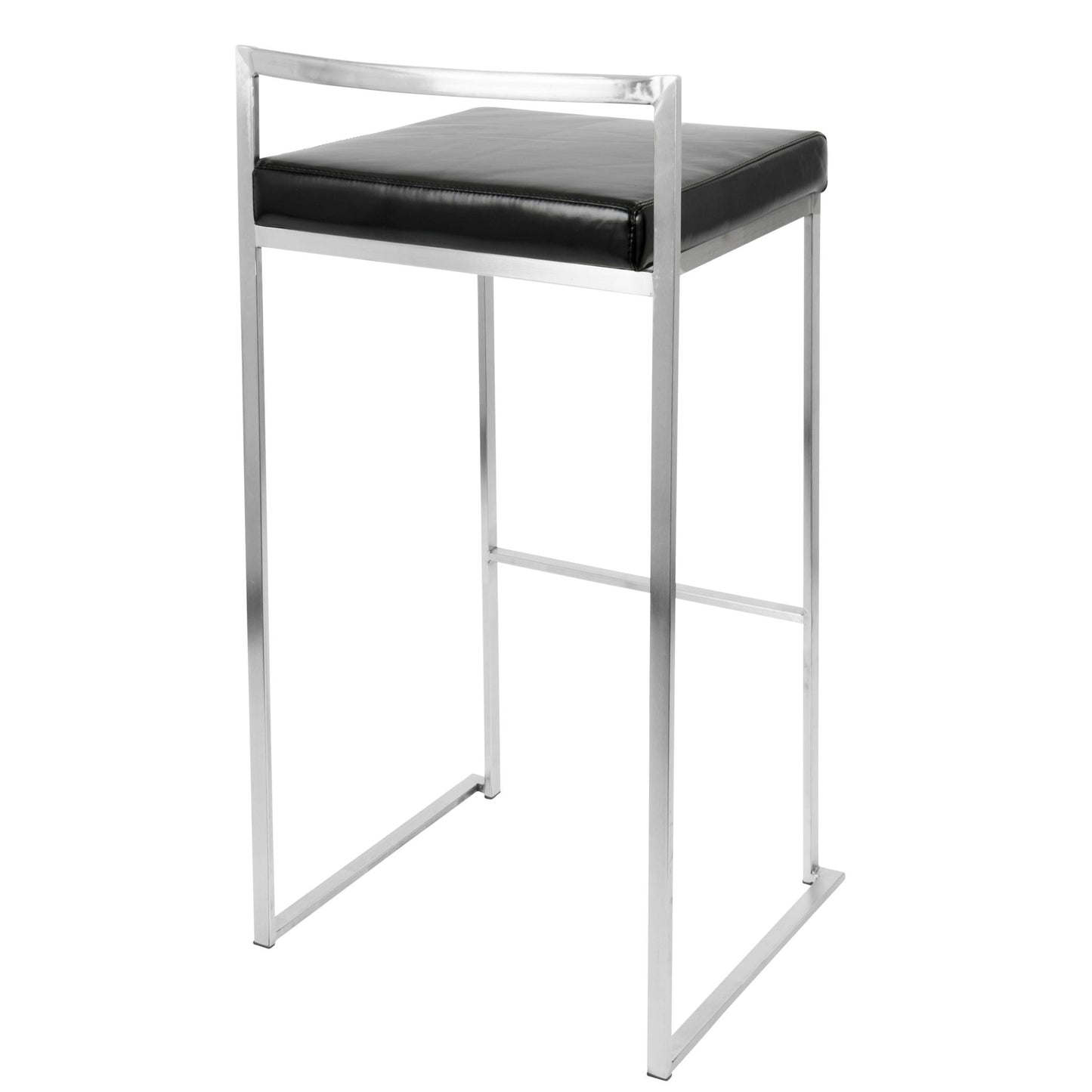 The Fuji - Contemporary Stackable Design Barstool features a black cushioned seat, sleek silver-finished metal frame, and a low metal backrest. Its minimalist look adds a modern touch to any space.