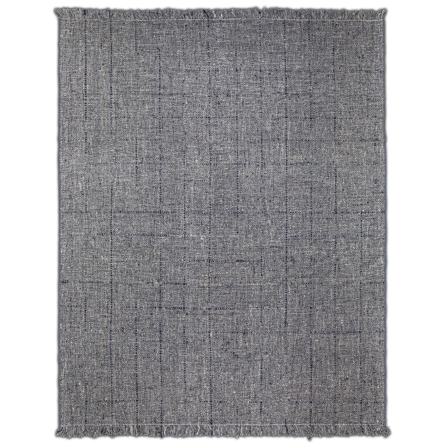 The Tenney Handcrafted Area Rug is rectangular and textured in gray, featuring subtle black lines in a loose grid pattern and short fringe on the edges.