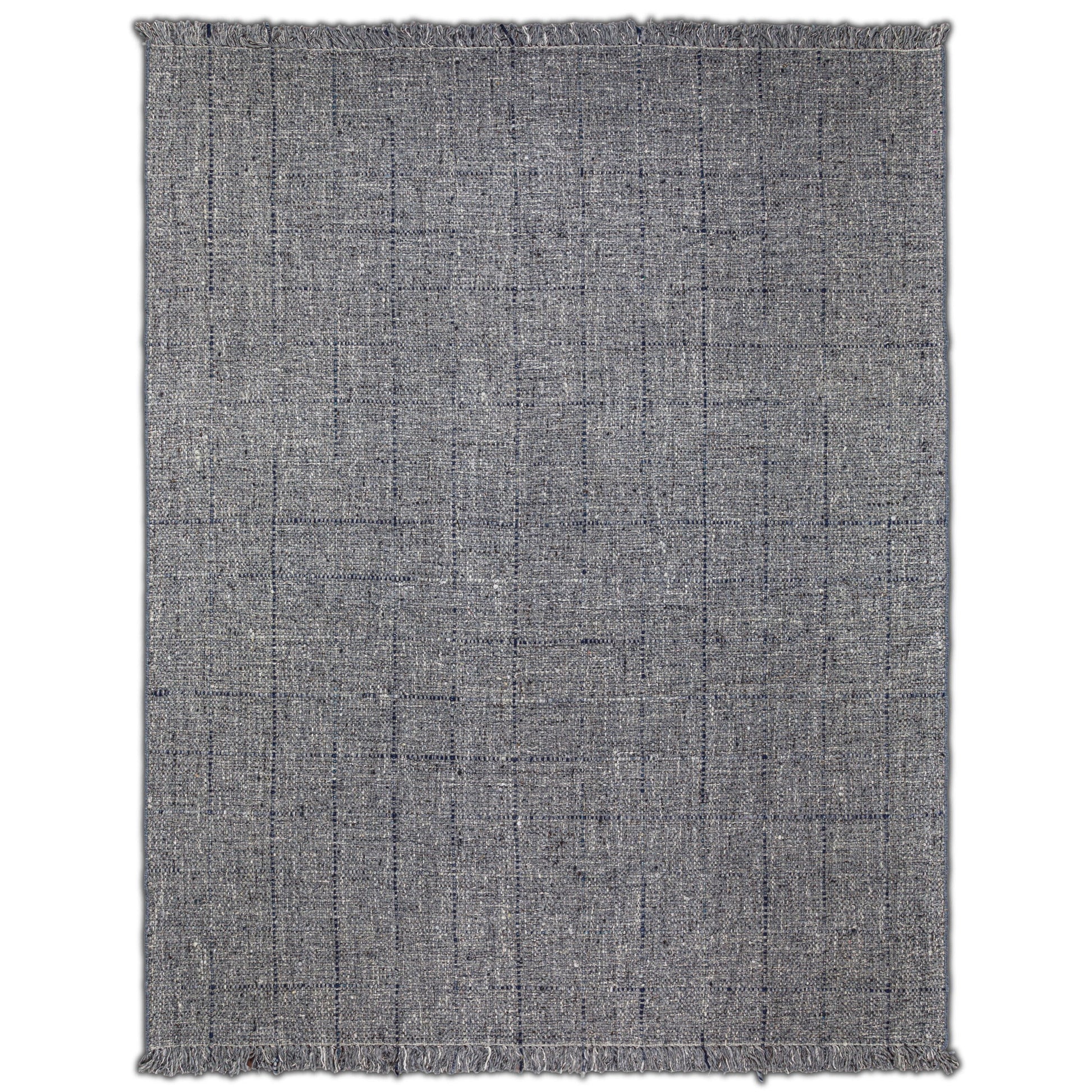 The Tenney Handcrafted Area Rug is rectangular and textured in gray, featuring subtle black lines in a loose grid pattern and short fringe on the edges.