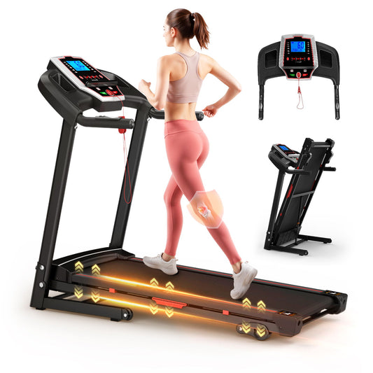 A woman uses the Folding Treadmills For Home - 3.5Hp Portable Foldable With Incline in black. Insets show its digital control panel and compact folded form, with arrows highlighting the running surface and shock absorption features.
