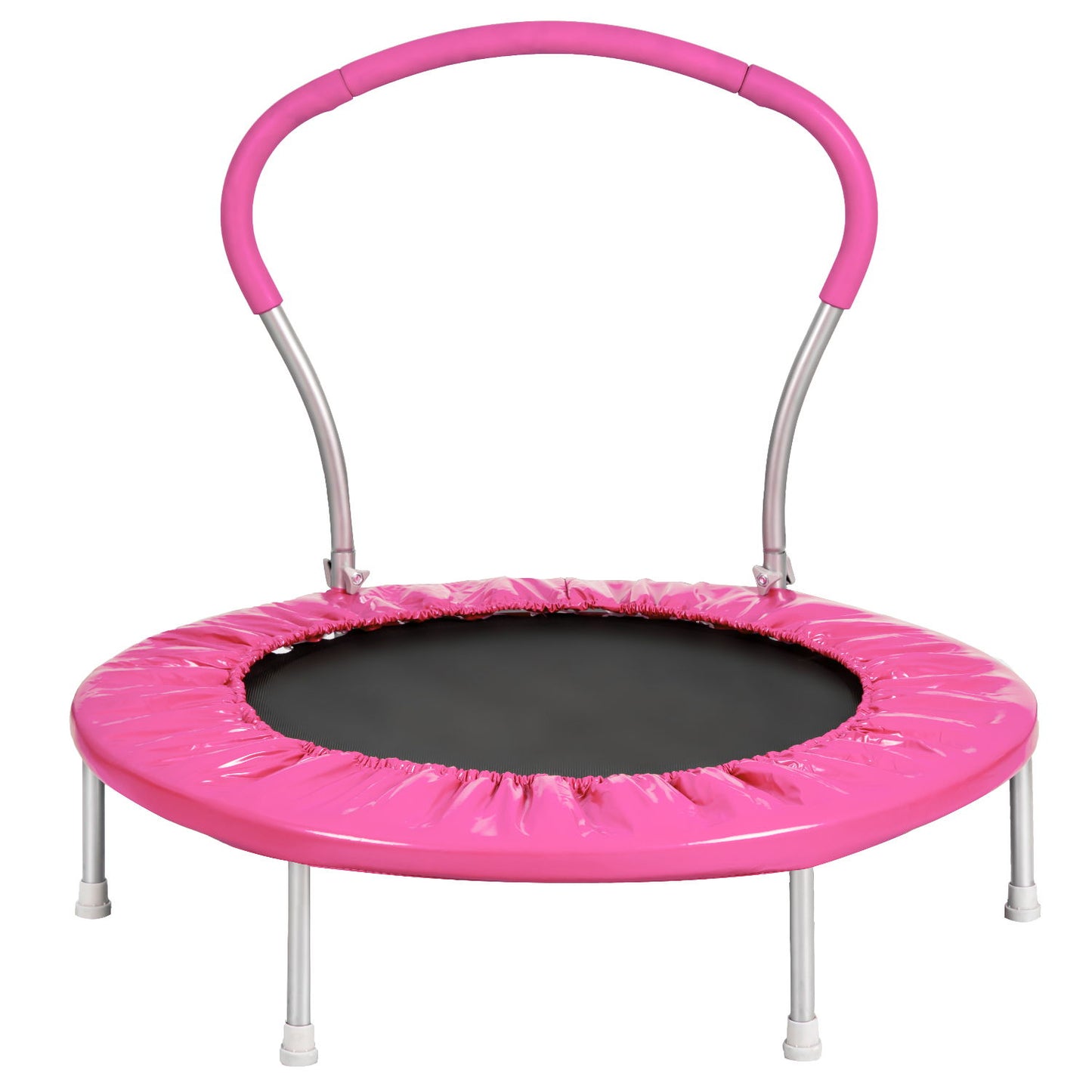 The Kangle Store Trampoline With Handle is a small, round pink trampoline for children with six sturdy legs, a black jumping surface, and pink padding on the frame and safety handlebar.