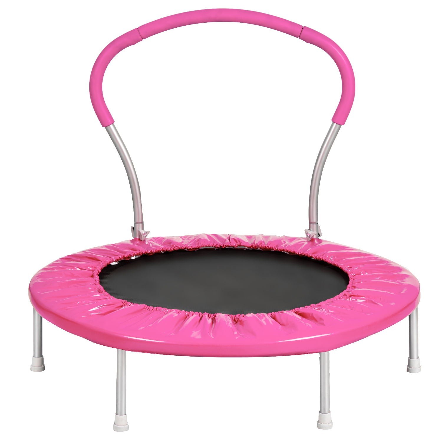 The Kangle Store Trampoline With Handle is a small, round pink trampoline for children with six sturdy legs, a black jumping surface, and pink padding on the frame and safety handlebar.