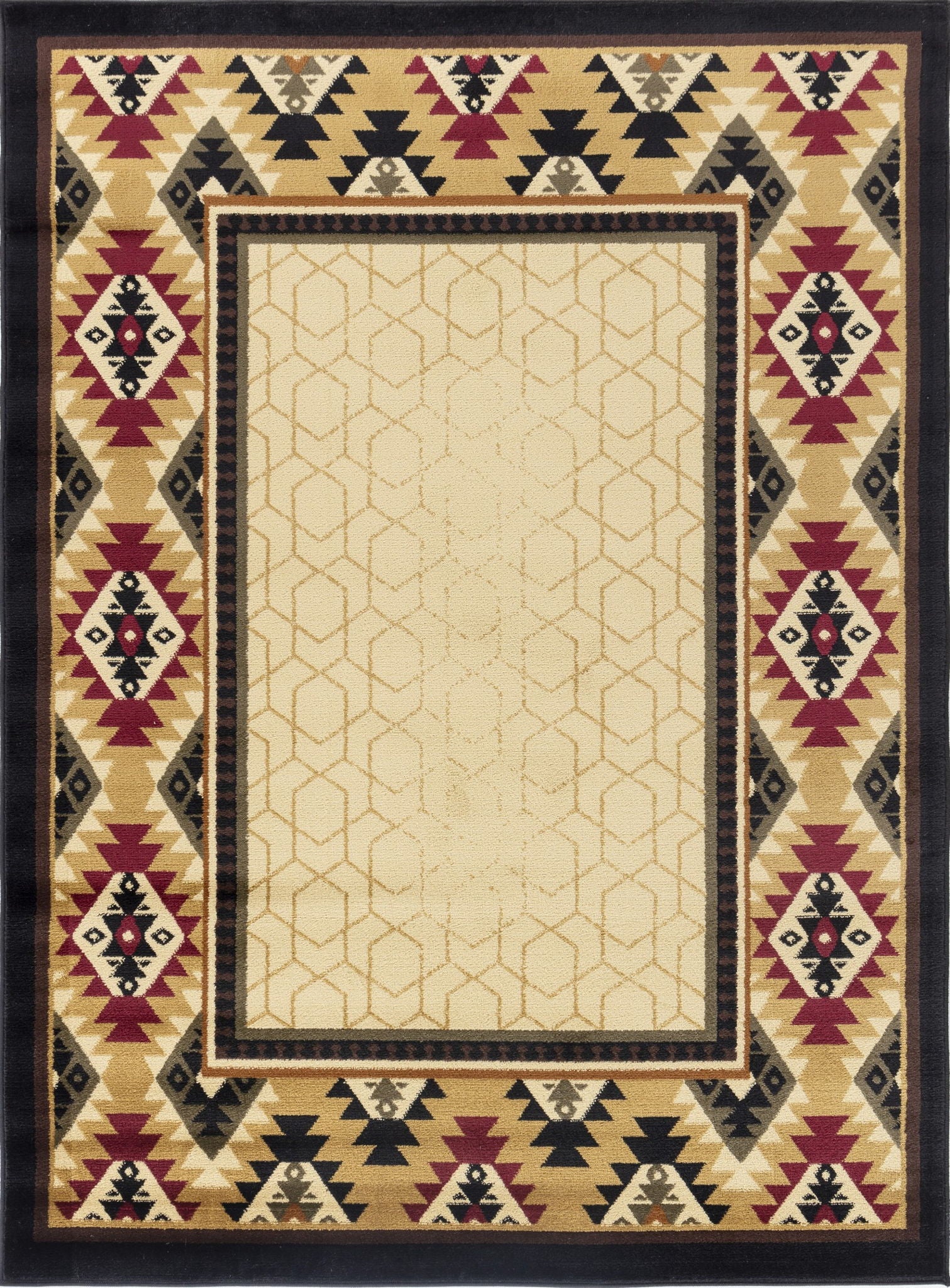 The Tribes - GC_YLS4007 Southwest Area Rug features a beige center with a subtle geometric pattern and is bordered by Southwestern motifs in red, black, gold, and beige with repeating triangles and diamond designs.