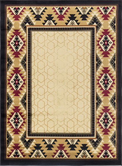 The Tribes - GC_YLS4007 Southwest Area Rug features a beige center with a subtle geometric pattern and is bordered by Southwestern motifs in red, black, gold, and beige with repeating triangles and diamond designs.