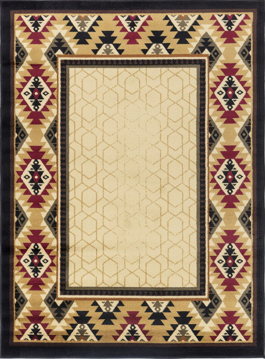 The Tribes - GC_YLS4007 Southwest Area Rug features a beige center with a subtle geometric pattern and is bordered by Southwestern motifs in red, black, gold, and beige with repeating triangles and diamond designs.