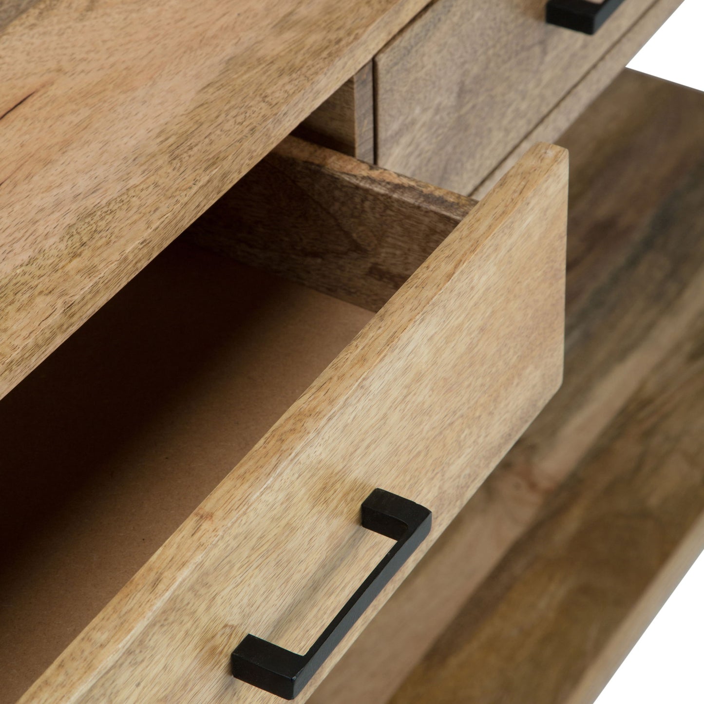 A close-up view of the Riverside Table highlights its wooden finish and black metal handles, with one drawer partially open and another closed above it.