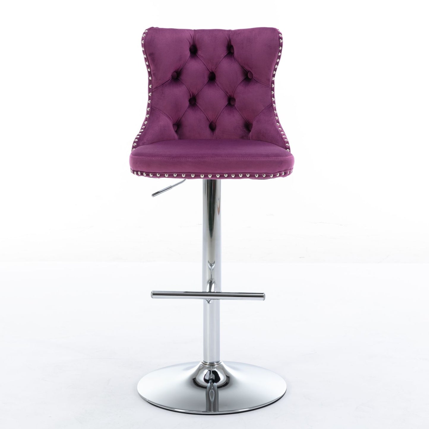 Set of 2 modern swivel velvet barstools with tufted purple backs and seats, silver nailhead trim, adjustable chrome base (25-33") and footrest—perfect for home pub or kitchen island, shown against a white background.