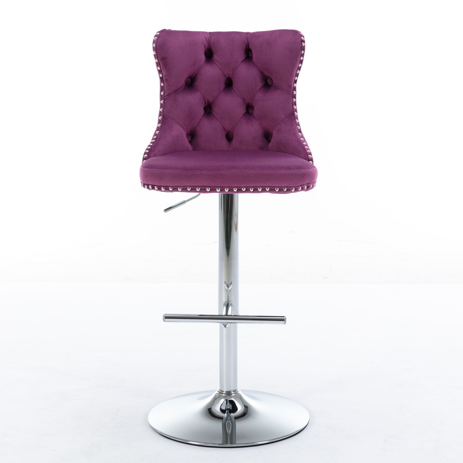 Set of 2 modern swivel velvet barstools with tufted purple backs and seats, silver nailhead trim, adjustable chrome base (25-33") and footrest—perfect for home pub or kitchen island, shown against a white background.