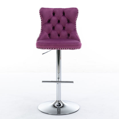 Set of 2 modern swivel velvet barstools with tufted purple backs and seats, silver nailhead trim, adjustable chrome base (25-33") and footrest—perfect for home pub or kitchen island, shown against a white background.