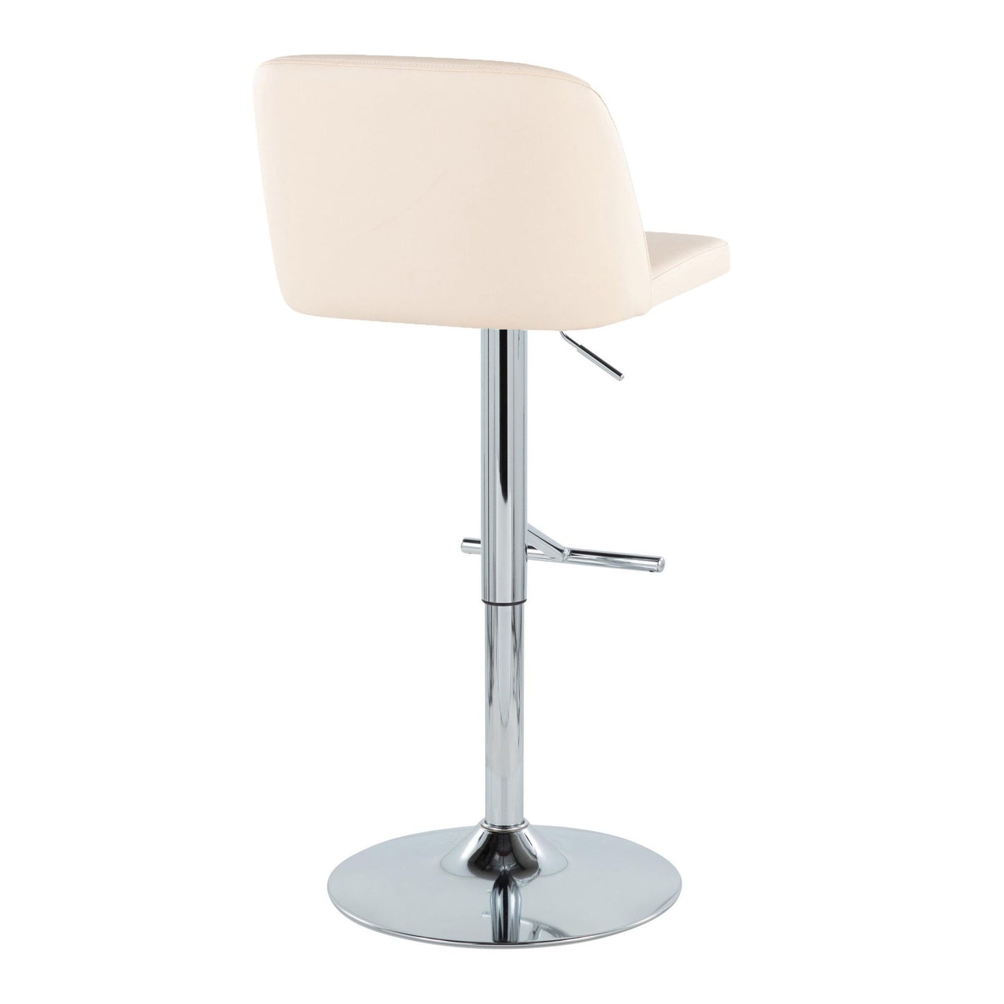 The Toriano Contemporary Adjustable Barstool features a cream cushioned backrest and seat, swivel function, chrome pedestal base, and straight T footrest. Shown from the back. Sold as a set of 2 in cream/chrome finish.