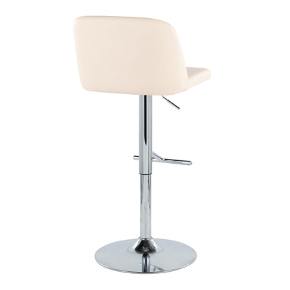 The Toriano Contemporary Adjustable Barstool features a cream cushioned backrest and seat, swivel function, chrome pedestal base, and straight T footrest. Shown from the back. Sold as a set of 2 in cream/chrome finish.